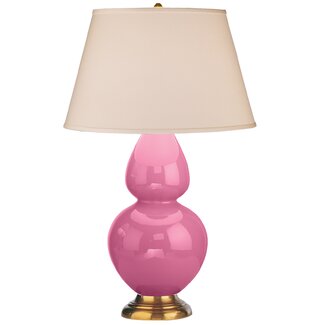 Robert Abbey Double Gourd Table Lamp in Schiaparelli Pink Glazed Ceramic with Antique Natural Brass Base & Pearl Dupioni Fabric Shade - 1607X